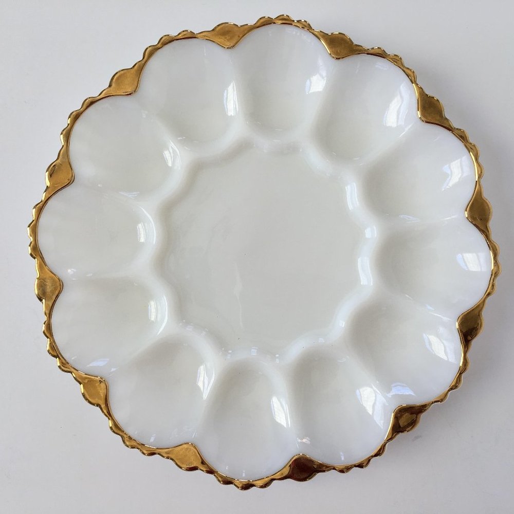 Vintage Anchor Hocking Milk Glass Egg Plate with Gold trim